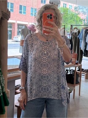 Johny Was Rayon Print Tunic Top Blue Creme Small